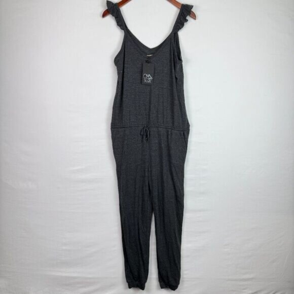 Chaser Triblend Flutter Ruffle V Neck Drawstring Lounge Comfy Jumpsuit Grey M - Picture 3 of 9